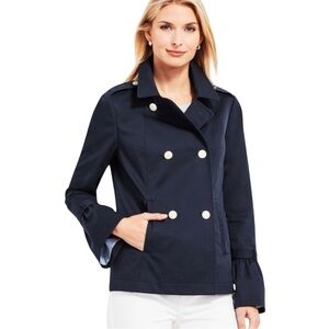 NWOT Talbots Navy Double Breasted Cotton Peacoat Gathered Bell Sleeves Women's M